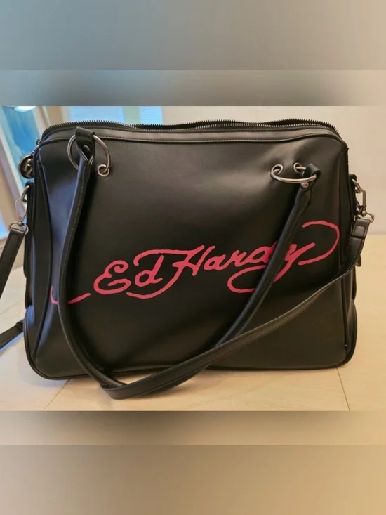 Ed Hardy Black Embossed Rhinestone Cross Satchel Shoulder Bag Vegan Leather NWT - Picture 6 of 9